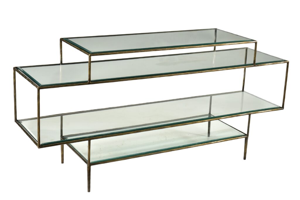 60" Clear and Gold Glass Floor Shelf Console Table With Storage