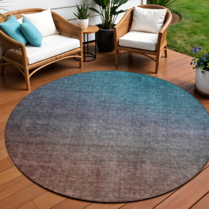 8' Teal Blue Chocolate And Charcoal Round Ombre Washable Indoor Outdoor Area Rug