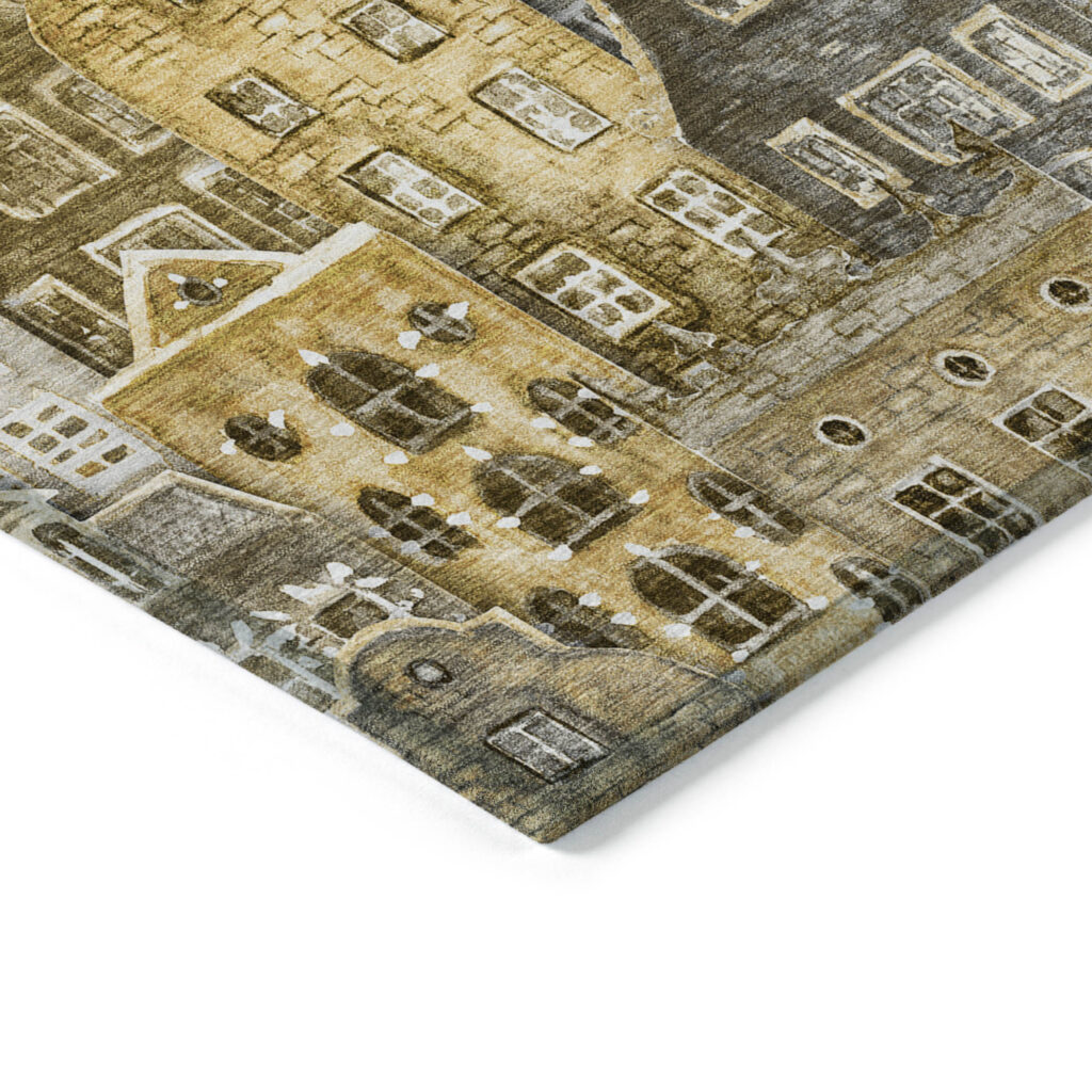 10' X 14' Brown Taupe And Gold Village Houses Washable Indoor Outdoor Area Rug
