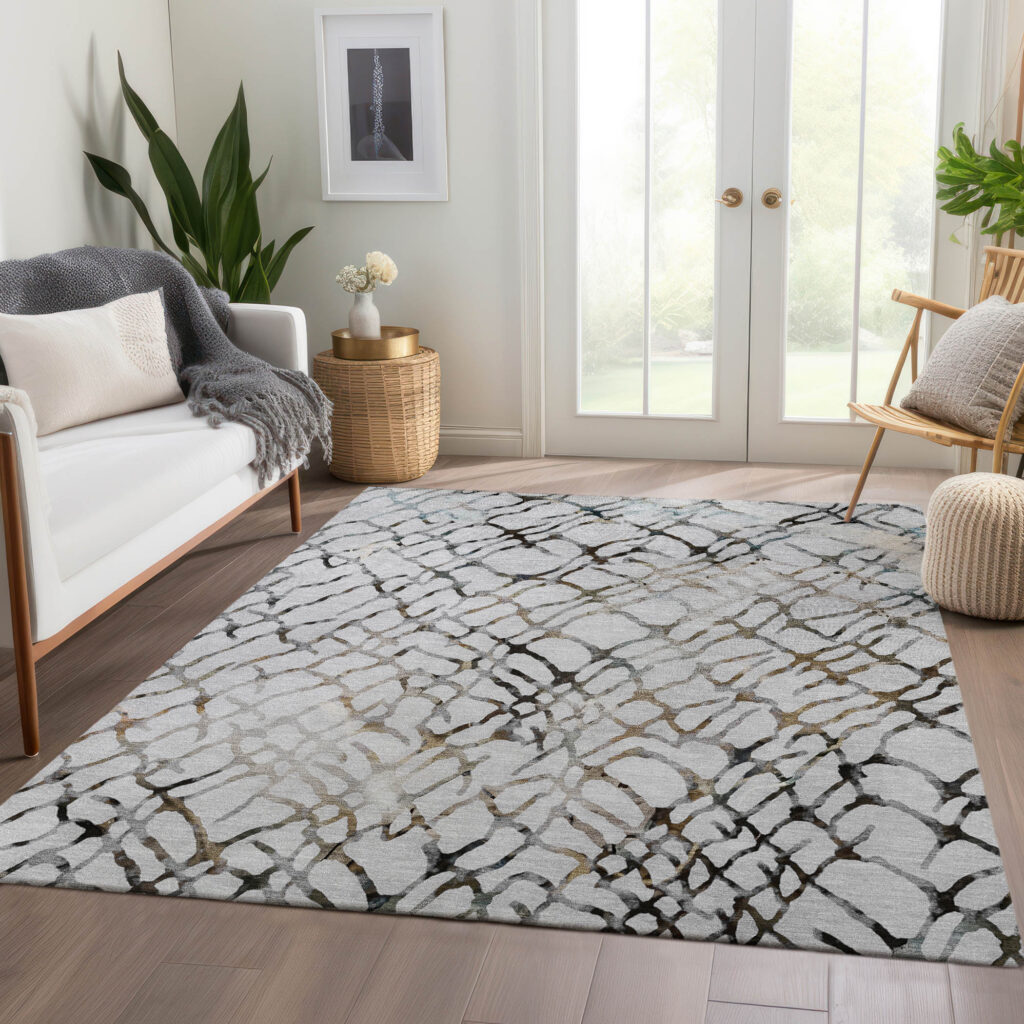 9' X 12' Silver Gray And Charcoal Abstract Washable Indoor Outdoor Area Rug