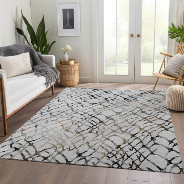 9' X 12' Silver Gray And Charcoal Abstract Washable Indoor Outdoor Area Rug