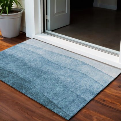 3' X 5' Denim Blue And Navy Blue Ombre Washable Indoor Outdoor Area Rug