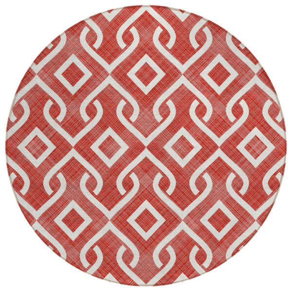 8' Red And Ivory Round Geometric Washable Indoor Outdoor Area Rug