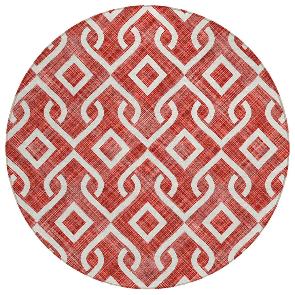 8' Red And Ivory Round Geometric Washable Indoor Outdoor Area Rug