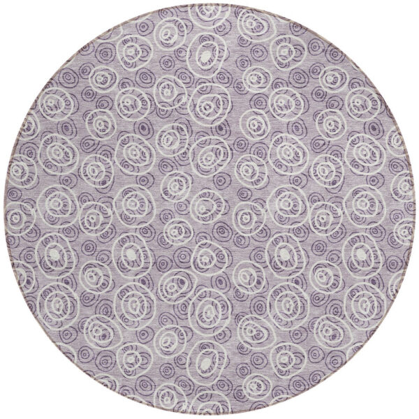 8' Lavender Purple And Ivory Round Geometric Washable Indoor Outdoor Area Rug