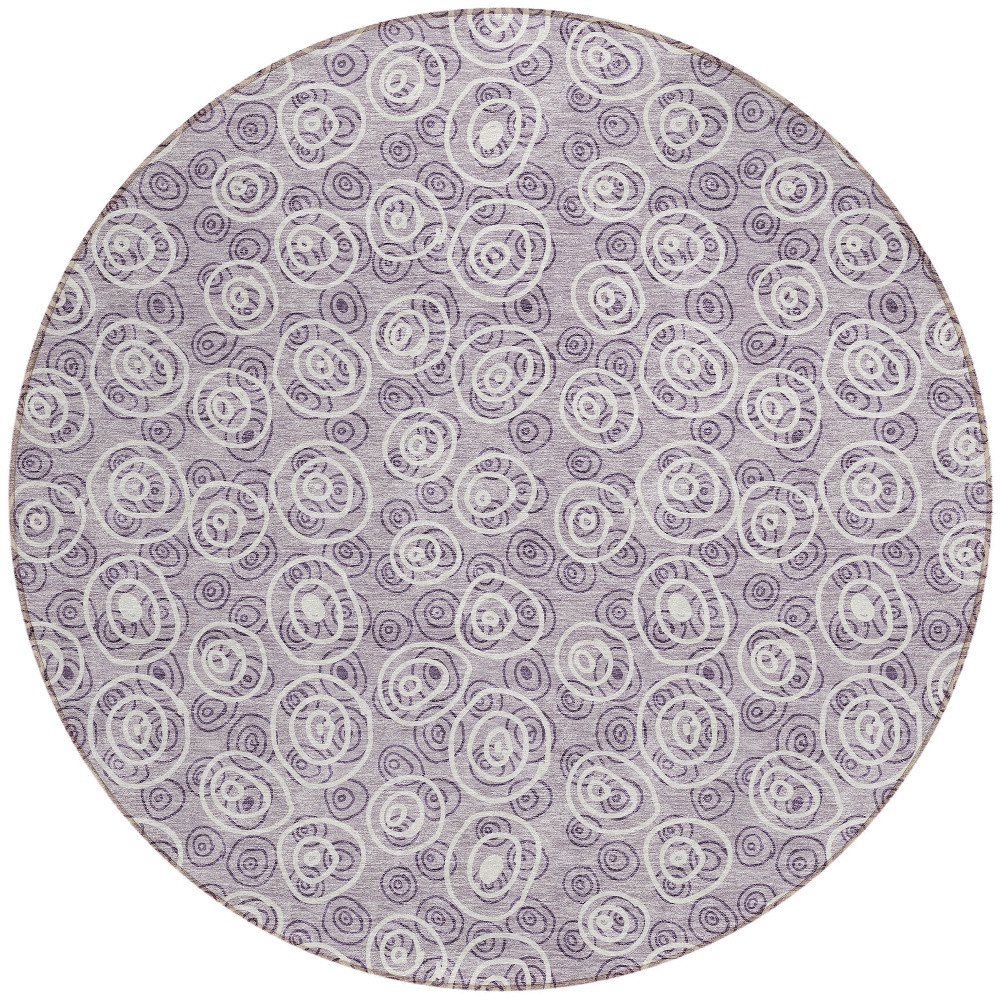8' Lavender Purple And Ivory Round Geometric Washable Indoor Outdoor Area Rug