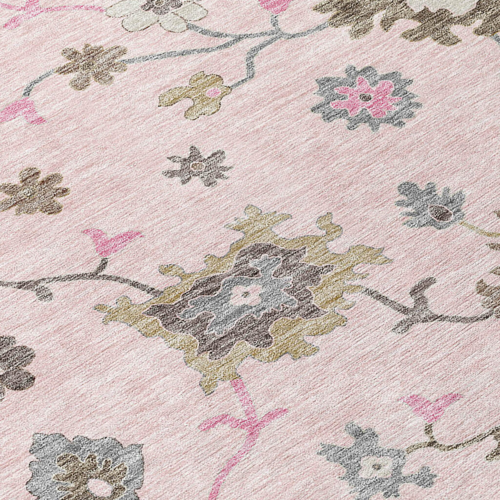 8' Pink Ivory And Chocolate Round Floral Washable Indoor Outdoor Area Rug