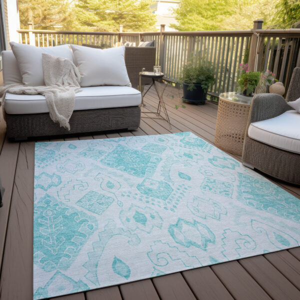 9' X 12' Teal Blue Aqua And Ivory Moroccan Washable Indoor Outdoor Area Rug