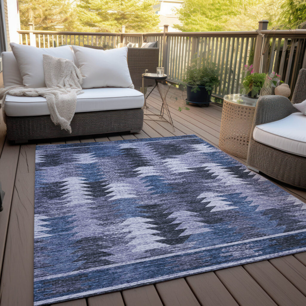 9' X 12' Navy Blue And Sky Blue Southwestern Washable Indoor Outdoor Area Rug