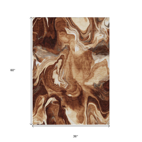 3' X 5' Orange Copper And Ivory Abstract Washable Indoor Outdoor Area Rug
