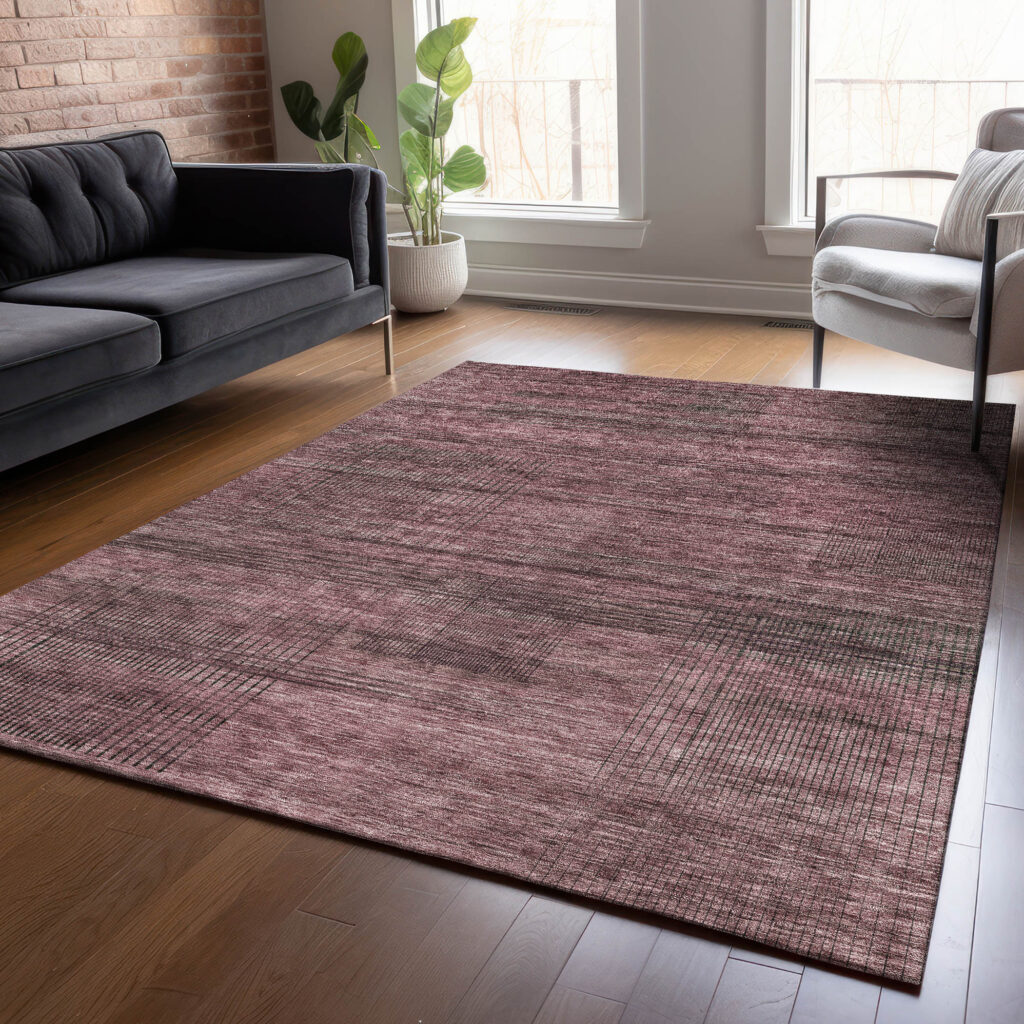 9' X 12' Merlot And Gray Striped Washable Indoor Outdoor Area Rug