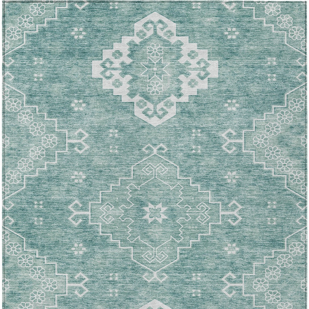 10' X 14' Aqua Teal Blue And Ivory Medallion Washable Indoor Outdoor Area Rug