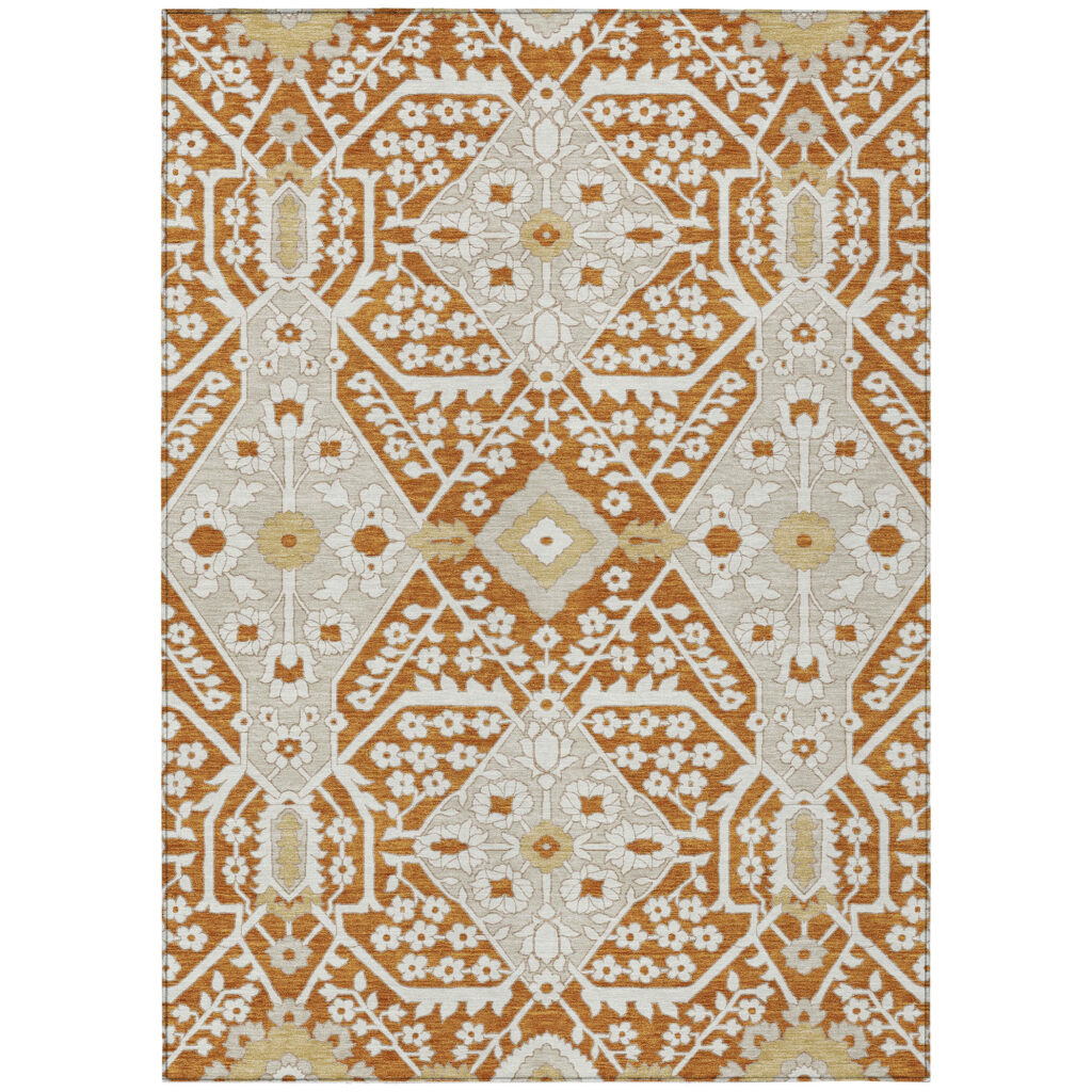 3' X 5' Orange Beige And Gold Floral Washable Indoor Outdoor Area Rug