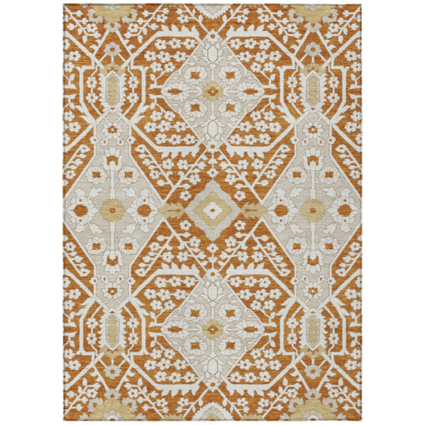 3' X 5' Orange Beige And Gold Floral Washable Indoor Outdoor Area Rug
