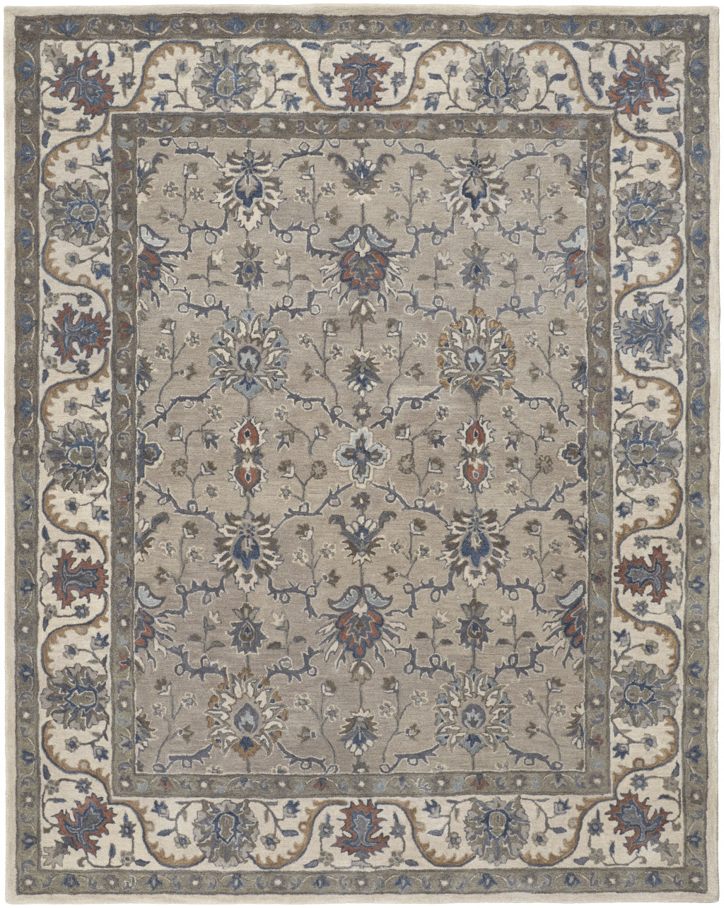 9' X 12' Taupe Ivory And Blue Wool Floral Tufted Handmade Stain Resistant Area Rug