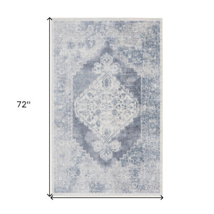 4' X 6' Blue Oriental Power Loom Distressed Washable Area Rug