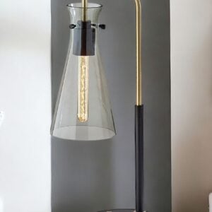 24" Black and Gold Metal Cylinder Desk Table Lamp With Gray Cone Shade