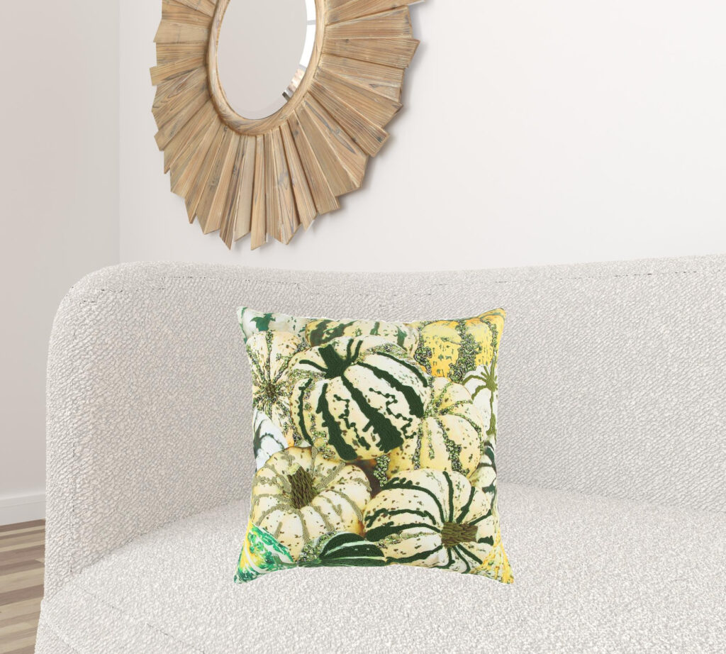 20" Green and White Thanksgiving Cotton Pillow With Embroidery, Beads Edges