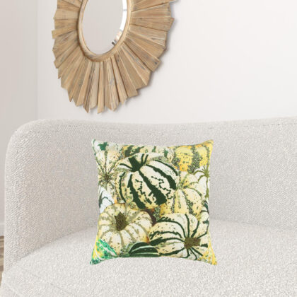 20" Green and White Thanksgiving Cotton Pillow With Embroidery, Beads Edges