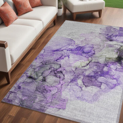 5' X 8' Purple Abstract Washable Non Skid Indoor Outdoor Area Rug