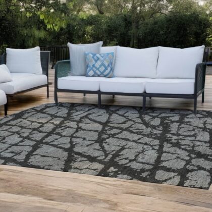 10' X 14' Gray and Black Abstract Washable Non Skid Indoor Outdoor Area Rug