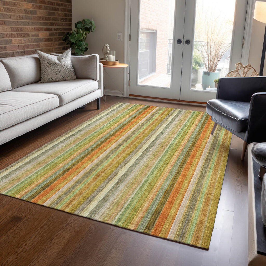 3' X 5' Tan Orange and Green Striped Washable Non Skid Indoor Outdoor Area Rug