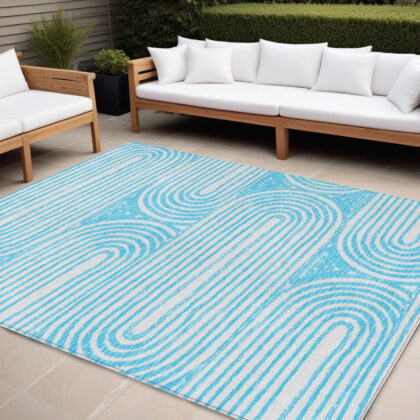 10' X 14' Teal and White Abstract Washable Non Skid Indoor Outdoor Area Rug