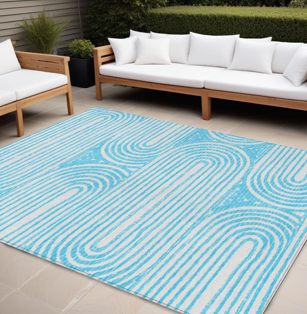 10' X 14' Teal and White Abstract Washable Non Skid Indoor Outdoor Area Rug