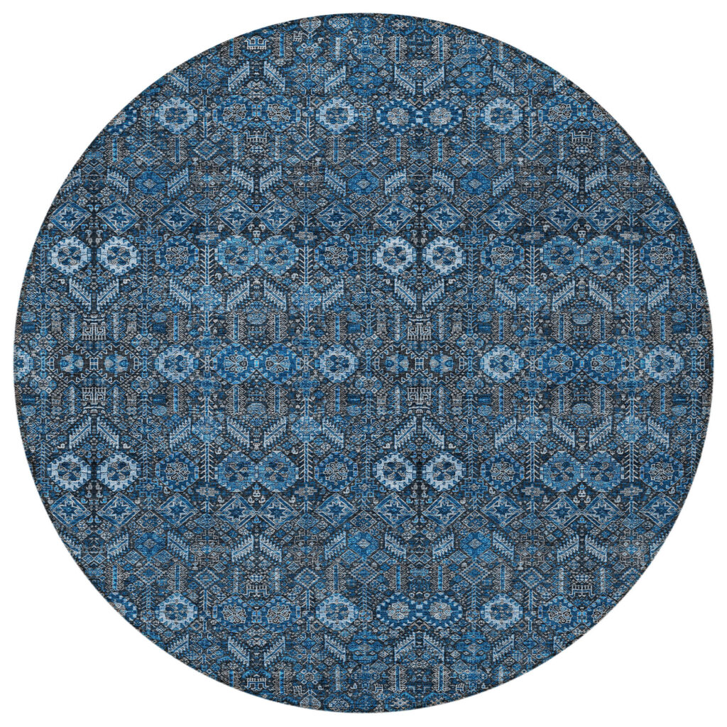 8' Round Blue and Black Round Floral Washable Non Skid Indoor Outdoor Area Rug