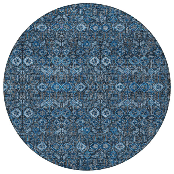 8' Round Blue and Black Round Floral Washable Non Skid Indoor Outdoor Area Rug