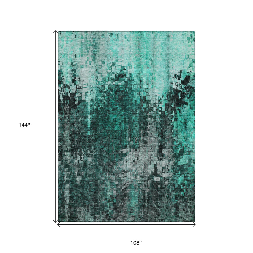 9' X 12' Teal Blue Aqua And Gray Abstract Washable Indoor Outdoor Area Rug
