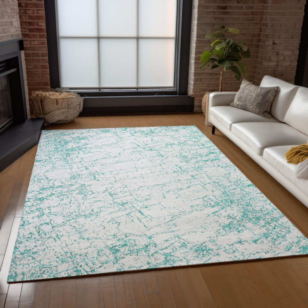 10' X 14' Teal Blue And Ivory Abstract Washable Indoor Outdoor Area Rug
