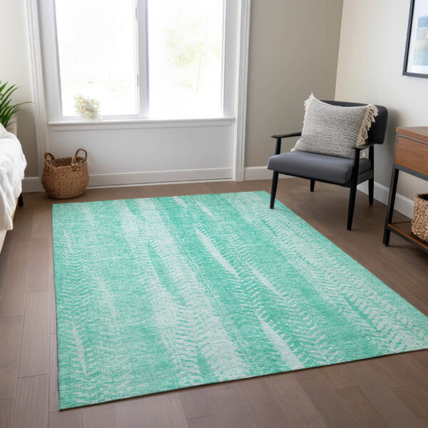 10' X 14' Aqua Teal Blue And Ivory Botanical Leaves Washable Indoor Outdoor Area Rug