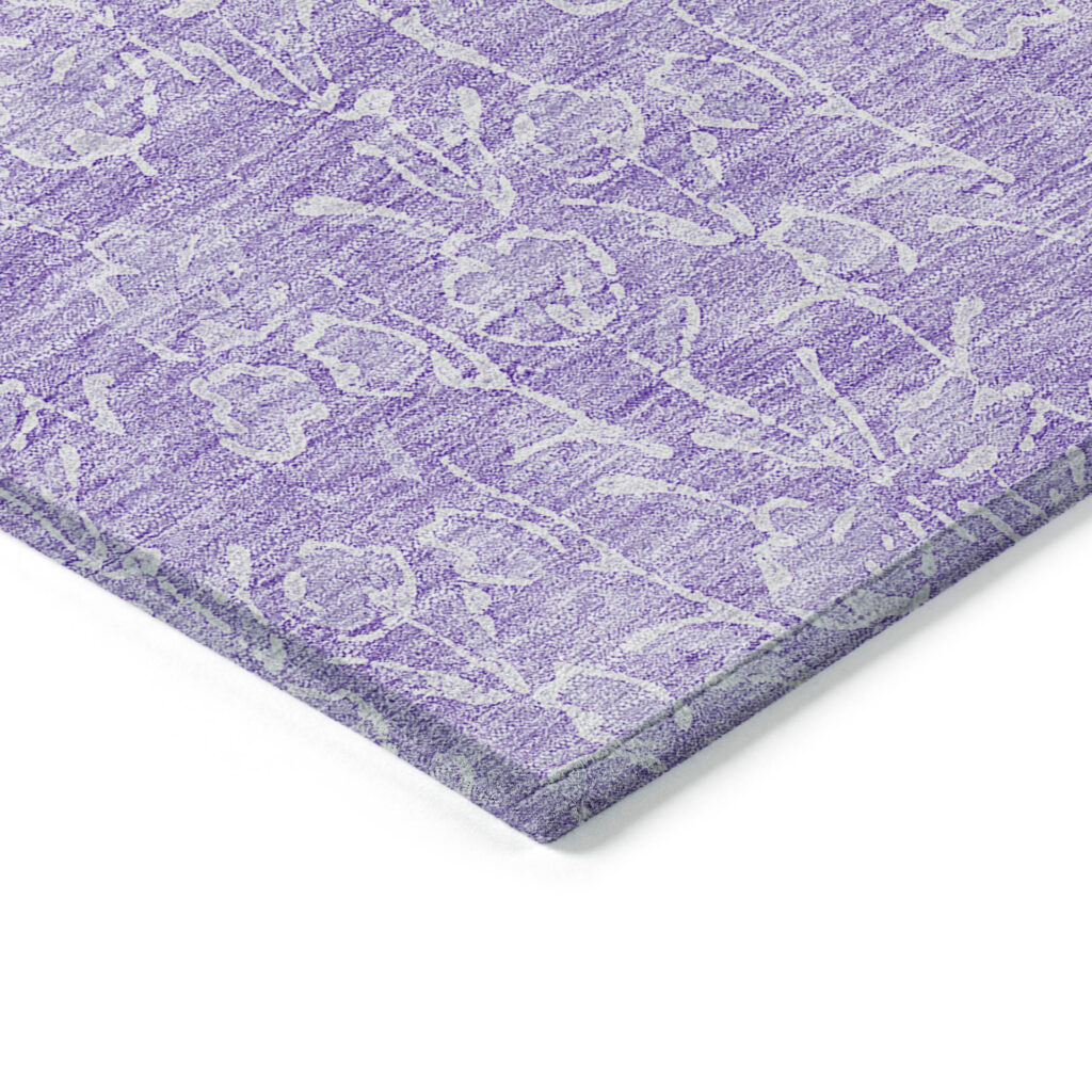 9' X 12' Lilac And Ivory Floral Washable Indoor Outdoor Area Rug
