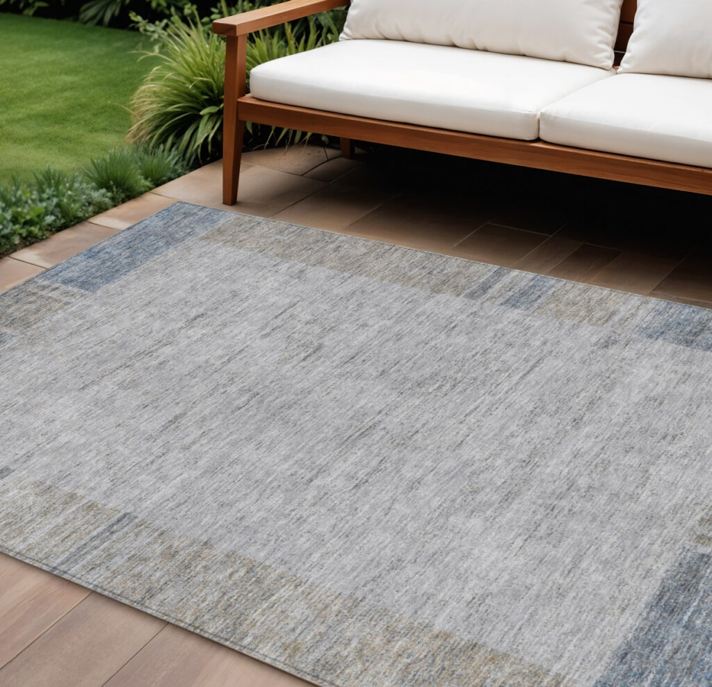 10' X 14' Taupe Beige And Blue Geometric Washable Indoor Outdoor Area Rug