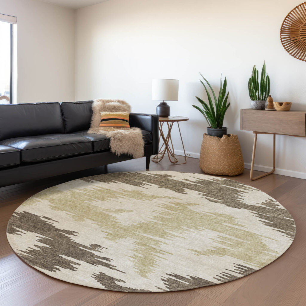 8' Chocolate Beige And Gold Round Abstract Washable Indoor Outdoor Area Rug