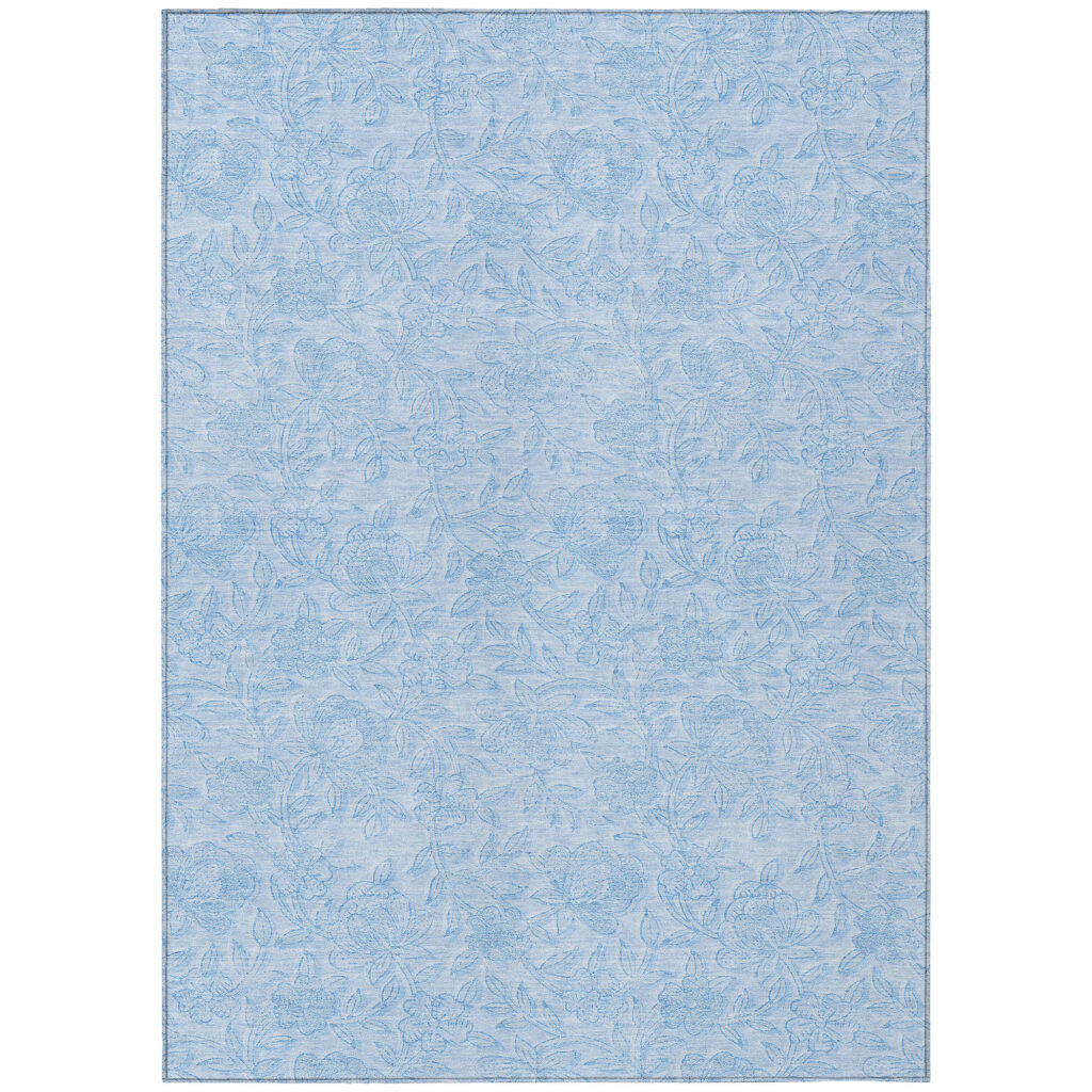 5' X 8' Sky Blue And Blue Floral Washable Indoor Outdoor Area Rug
