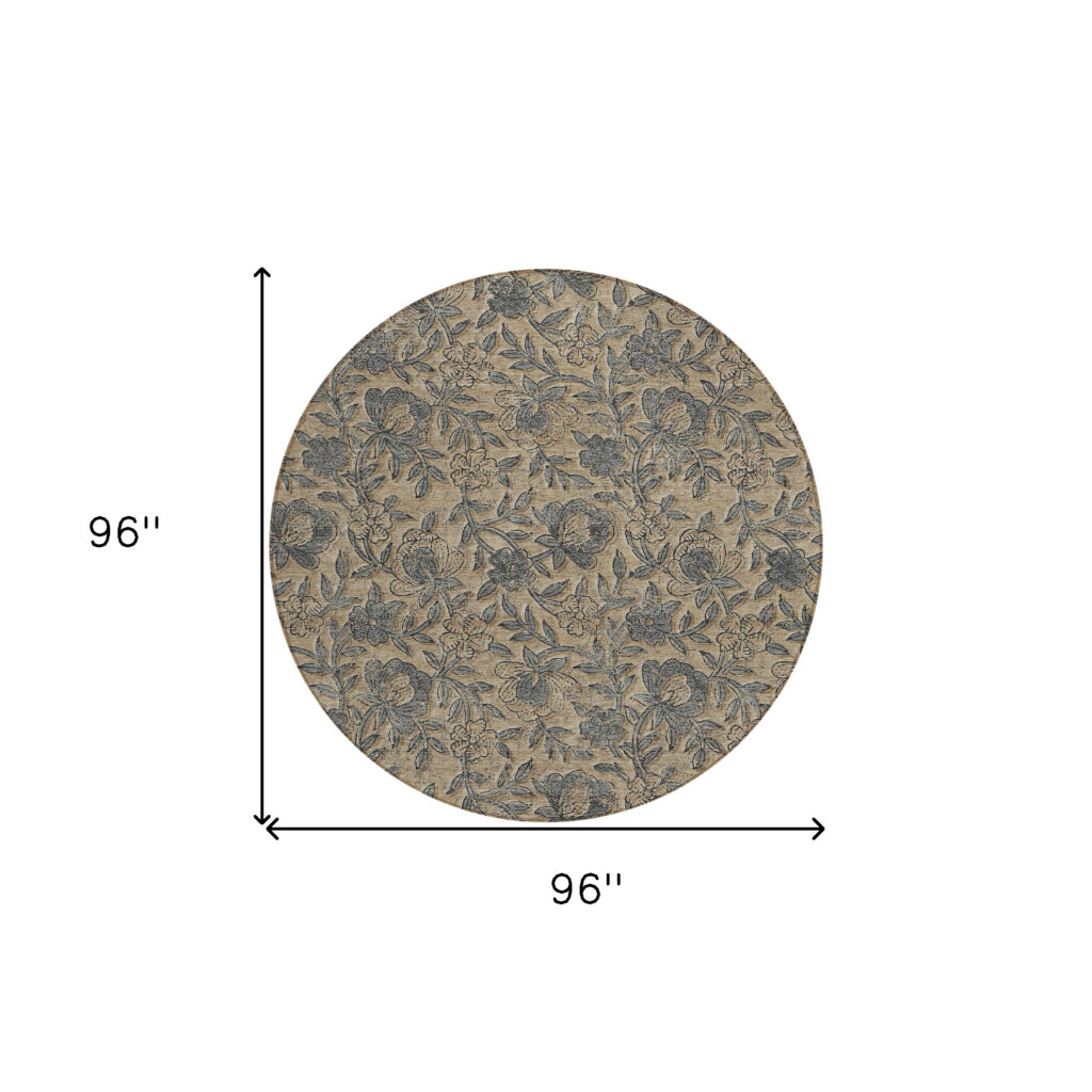 8' Khaki Beige And Gray Round Floral Washable Indoor Outdoor Area Rug