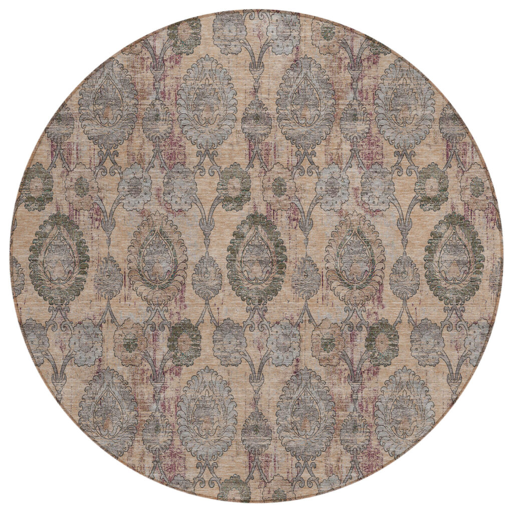 8' Coral Gray And Green Round Damask Washable Indoor Outdoor Area Rug
