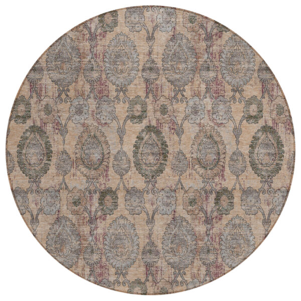 8' Coral Gray And Green Round Damask Washable Indoor Outdoor Area Rug