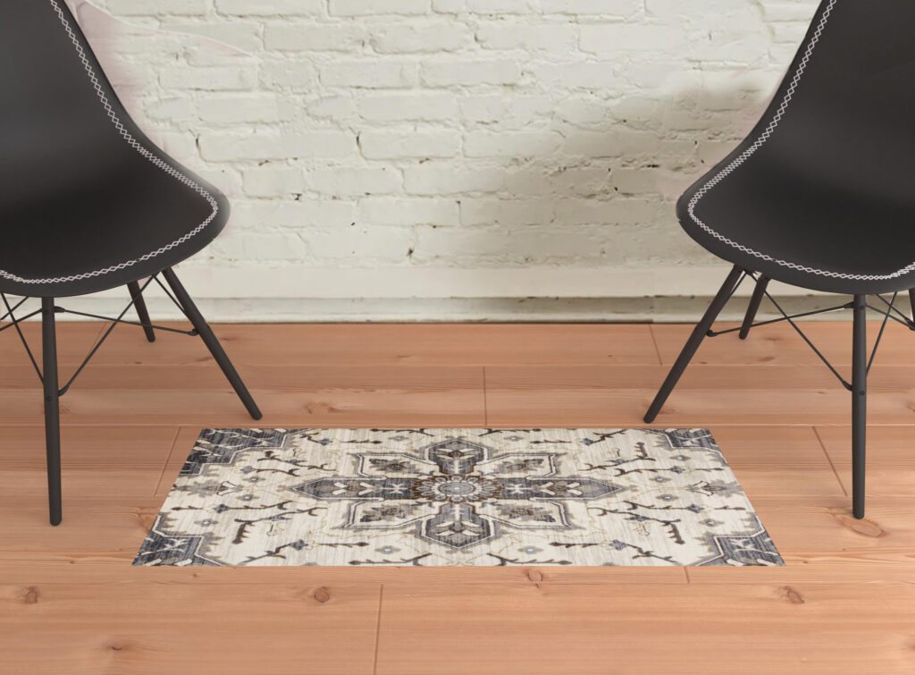2' x 3' Ivory and Blue Medallion Power Loom Area Rug