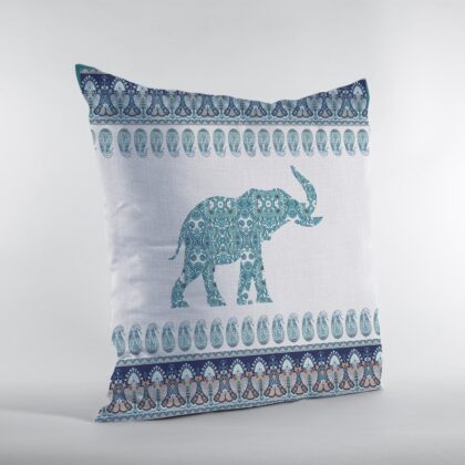 18” Teal Ornate Elephant Zippered Suede Throw Pillow