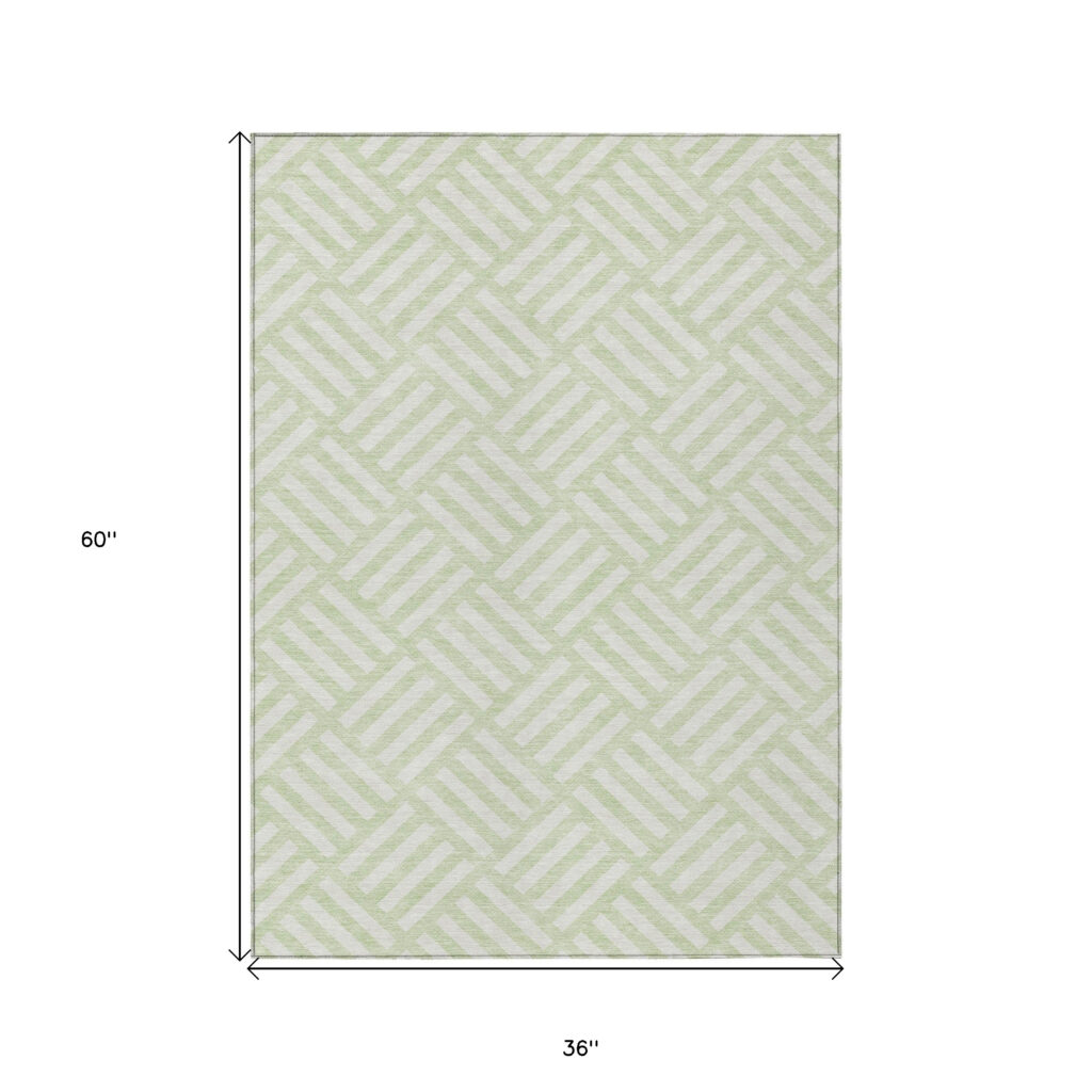 3' X 5' Mint Green And Ivory Geometric Washable Indoor Outdoor Area Rug