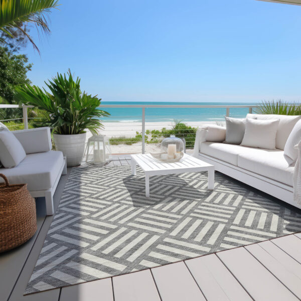 3' X 5' Gray And Ivory Geometric Washable Indoor Outdoor Area Rug