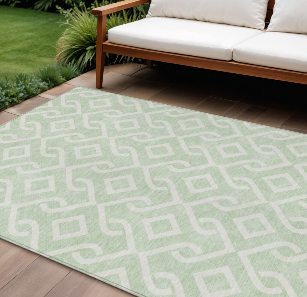 10' X 14' Mint Green And Ivory Geometric Washable Indoor Outdoor Area Rug