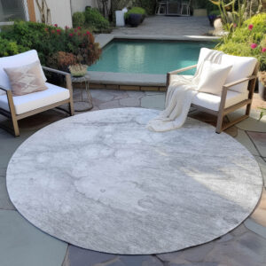 8' Silver Gray And Ivory Round Abstract Washable Indoor Outdoor Area Rug