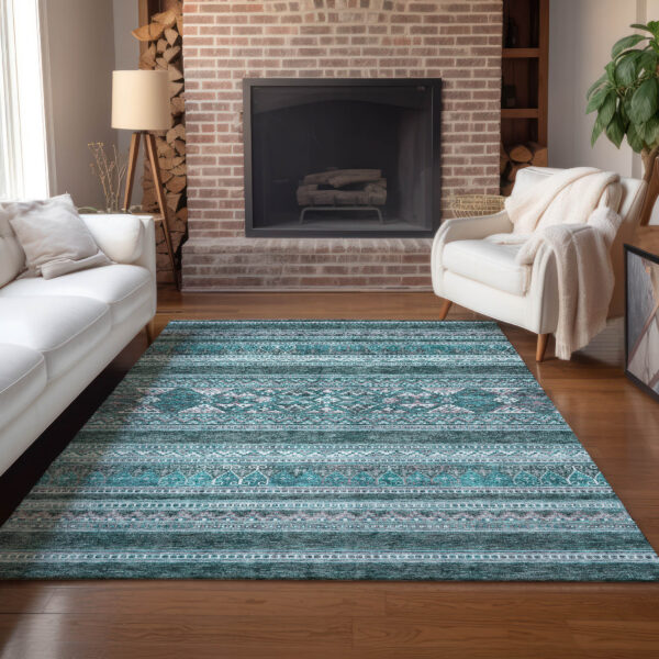 9' X 12' Teal Blue Ivory And Gray Southwestern Washable Indoor Outdoor Area Rug
