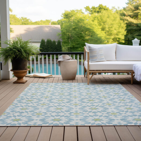 5' X 8' Sky Blue Ivory And Artichoke Green Floral Medallion Washable Indoor Outdoor Area Rug