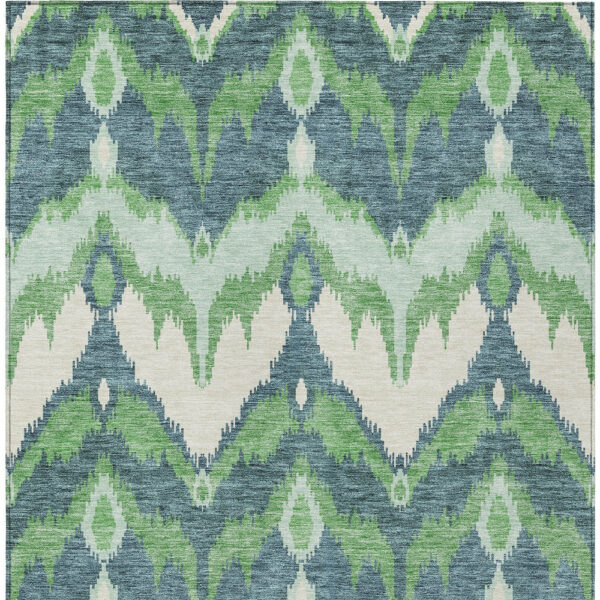 10' X 14' Green Ivory And Blue Ikat Washable Indoor Outdoor Area Rug