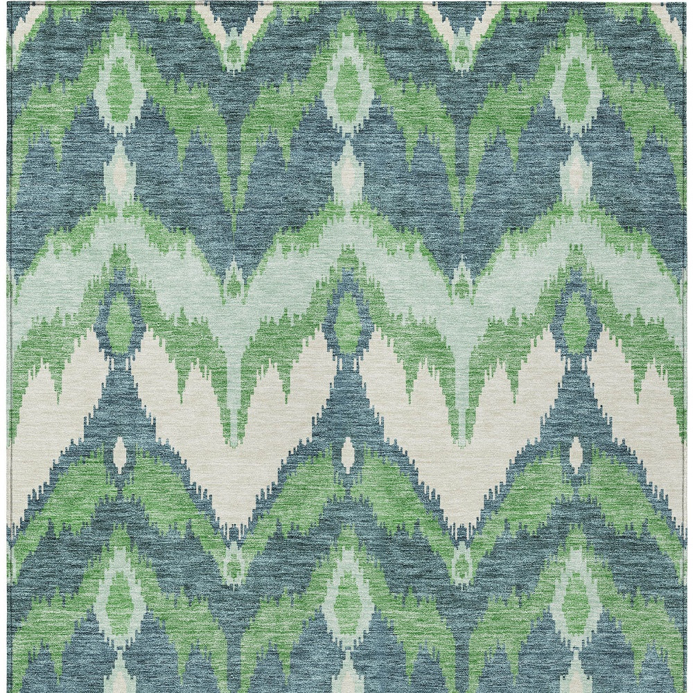 10' X 14' Green Ivory And Blue Ikat Washable Indoor Outdoor Area Rug
